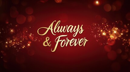 "Always & Forever" in luxurious gold cursive font, placed at the center of a deep ruby red background with a soft glowing effect around the text valentine typography, romantic luxury, bold elegance