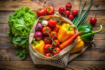 Eco-Friendly Fresh Veggies in Reusable Bag - Wooden Background