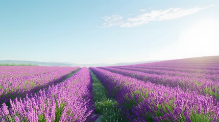 Fototapeta premium Tranquil lavender fields under a clear daytime sky, with rows of purple flowers stretching to the horizon. Captures the tranquility and beauty of nature