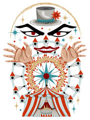 Design vector cartoon illustration with circus carnival ten, carousel, magician and crazy clown for mascot, t-shirt, stickers, clipart isolated on white. 