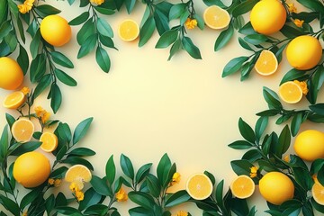 A vibrant arrangement of fresh lemons and green leaves, creating a cheerful border on a soft yellow background.