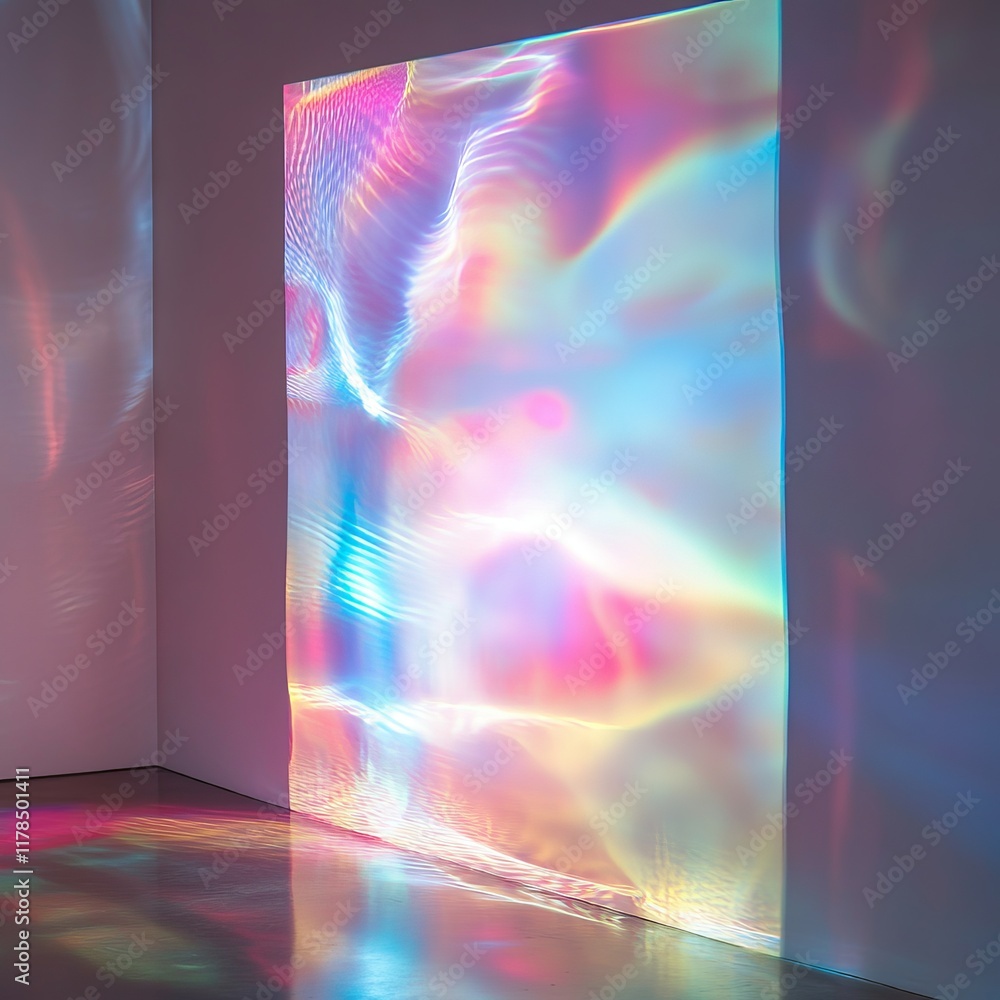 Poster vibrant abstract light reflections casting a colorful spectrum on a white wall, creating a mesmerizi