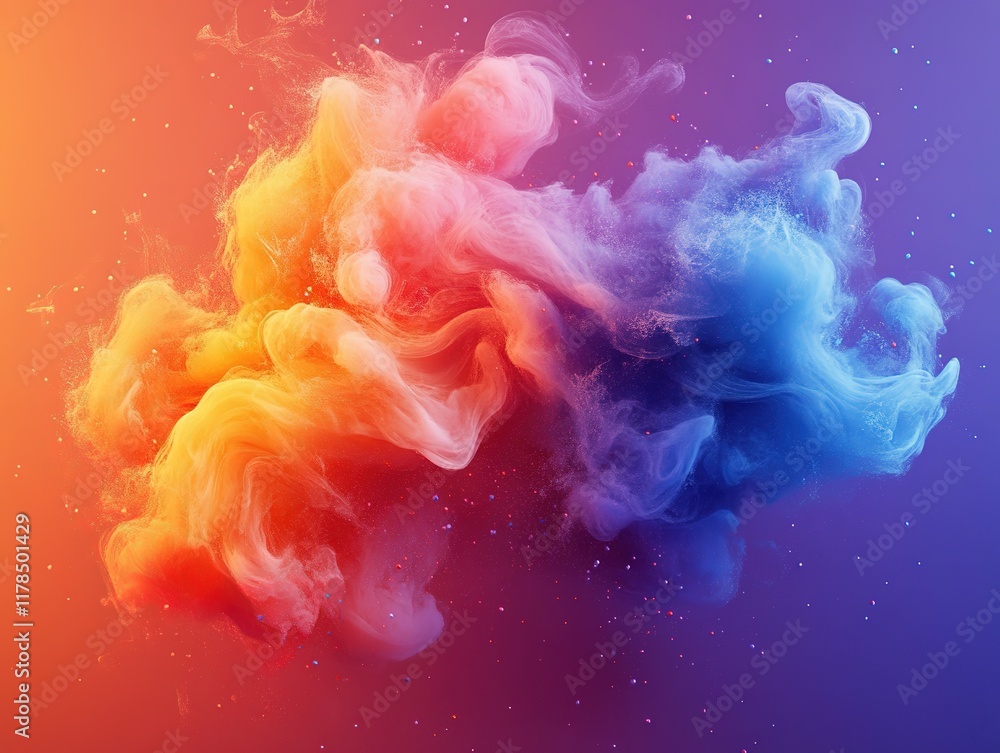 Poster colorful smoke explosion on gradient background with particles.