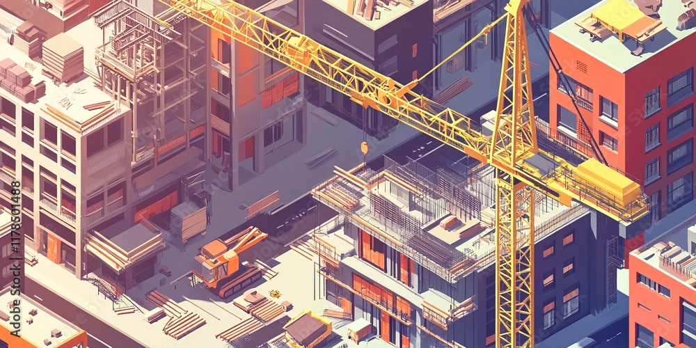 Poster dynamic aerial view of a bustling urban construction site with a prominent tower crane and partially