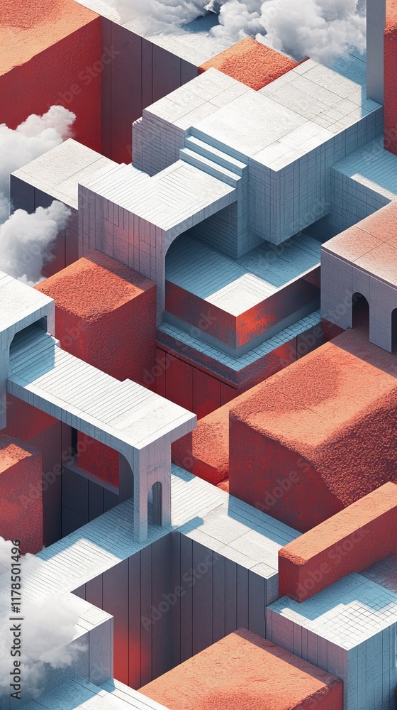 Poster a surreal scene featuring a complex maze of red and white geometric structures enveloped by clouds, 