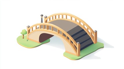 A clean, minimalist illustration of a wooden arch bridge on a small island with greenery, casting shadows on a white background.