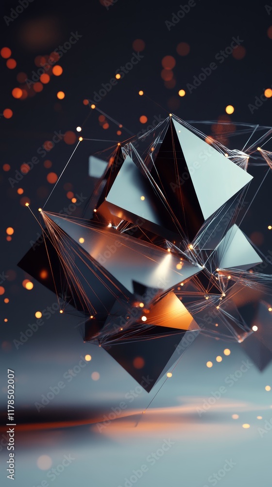 Poster a cube made of triangles is floating in the air with a lot of glowing lines. the image has a futuris
