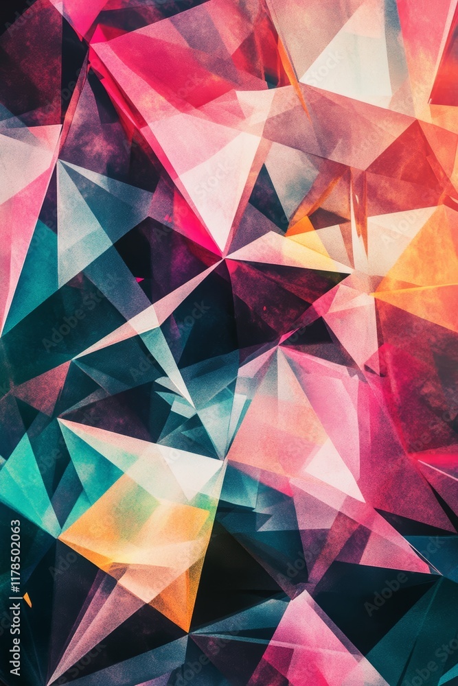 Poster a colorful abstract image with many triangles and squares. the colors are bright and vibrant, creati