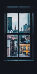Captivating view of a city skyline through a window, showcasing a mix of modern skyscrapers and historic architecture.