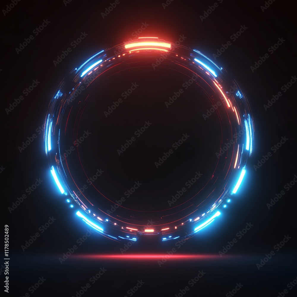 Poster a vibrant neon circle with blue and red lights, creating a futuristic and dynamic visual on a dark b