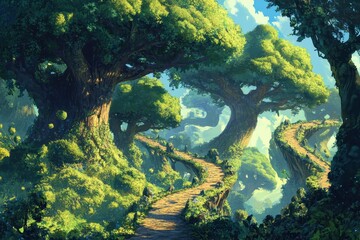 Lush forest path winding through towering trees in a magical landscape during the daytime