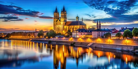 Obraz premium Elbe River Night Photography Magdeburg Cathedral