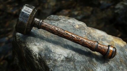 A close-up of a medieval-style wooden and metal war hammer resting on a rock.