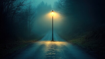 Fototapeta premium Solitary street lamp illuminating an empty road under a dark