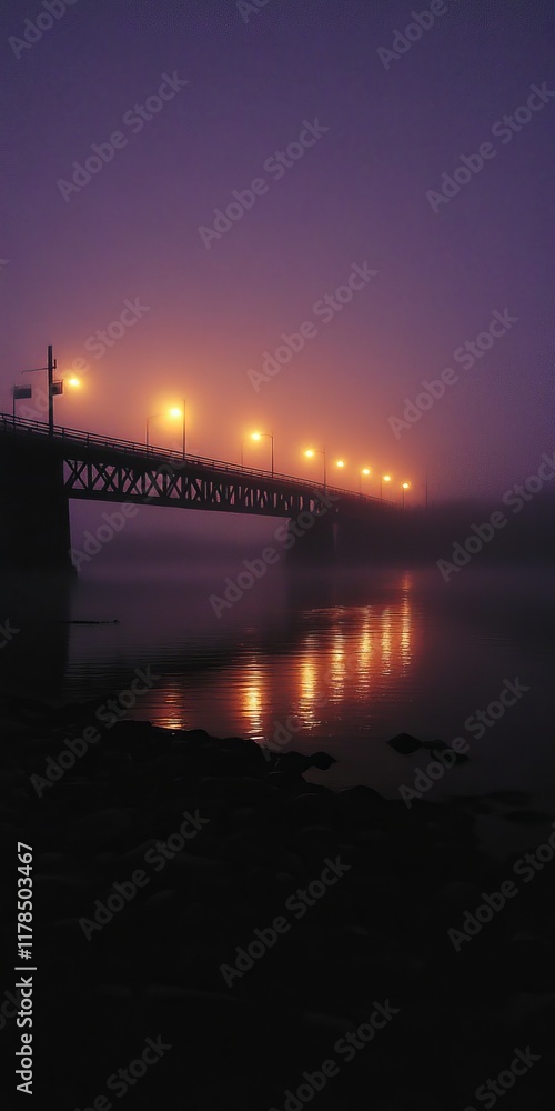 Poster a captivating view of a bridge shrouded in mist at night, illuminated by warm lights that reflect on