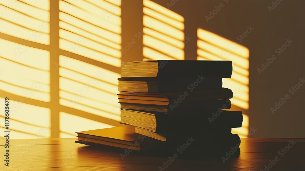 Poster a stack of books on a wooden table with sunlight casting dramatic shadows, creating a warm and invit