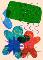 Risograph Christmas stocking and Gingerbread Man Cookie with speech bubble with geometric shapes. Objects in trendy riso graph print texture style design with geometry elements.