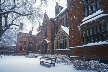 Fototapeta premium Beautiful snow-covered university campus with historic buildings and benches in winter