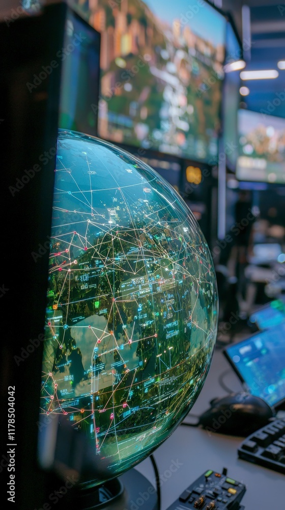Poster global network connectivity futuristic globe interface in control room