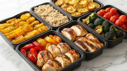 ヘルシーなミールプレップ: グリルチキン, ロースト野菜, ライス