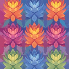 A seamless pattern featuring vibrant lotus flowers in various colors, arranged geometrically on a multicolored background.