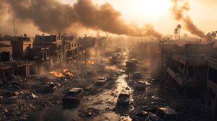A City scene of smoke and destruction after an airstrike