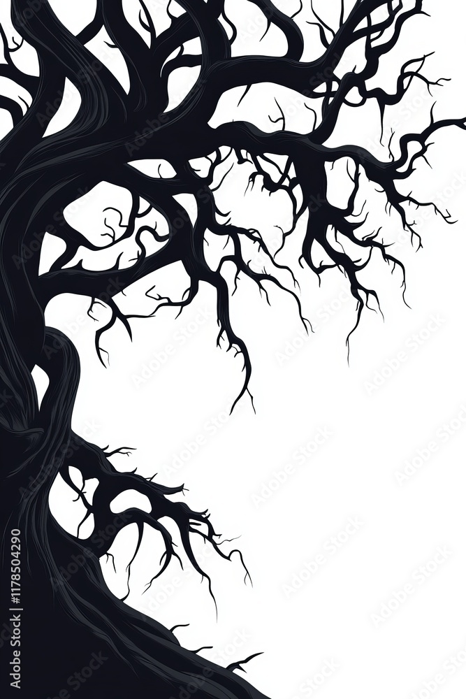 Poster a striking silhouette of a leafless tree with complex branches, creating a dramatic and artistic vis