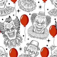 Seamless pattern with scary, crazy clowns faces and red balloon against white background. Vector cartoon illustration