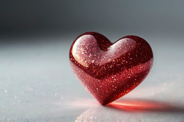 A sparkling red heart glitters on a white surface.