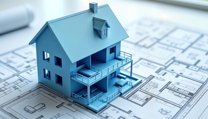 Blue model house sits on architectural house plans. Model home design. Interior layout visible on plans. 3D model shows building design. House plan for residential building project. Home plan