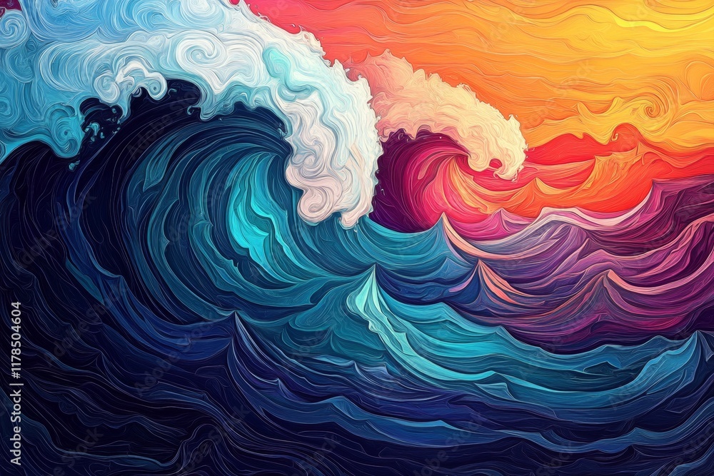 Aufkleber colorful wave with a splash of orange and blue. the wave is crashing into the ocean, creating a sens