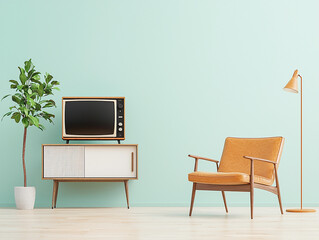 A cozy vintage living room showcasing a mid-century modern chair, wooden coffee table, and a retro television set. Perfect for themes of nostalgia, retro style