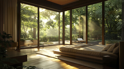 Fototapeta premium Modern bedroom with large windows and sunlight streaming in