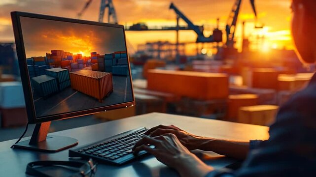 A logistics professional working on a computer overlooking a shipping yard filled with cargo containers at sunset. The vibrant scene highlights global trade, supply chain operations, and modern