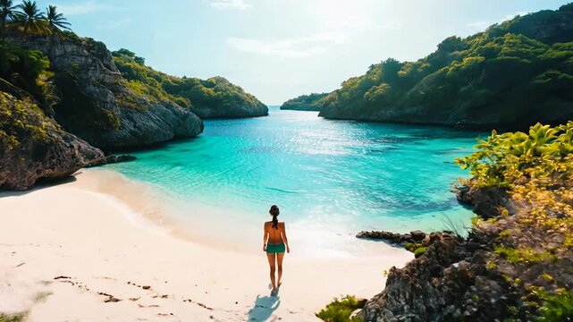 A woman stands on a pristine tropical beach surrounded by turquoise waters, rocky cliffs, and lush greenery. A tranquil escape to a secluded paradise, perfect for relaxation and exploration