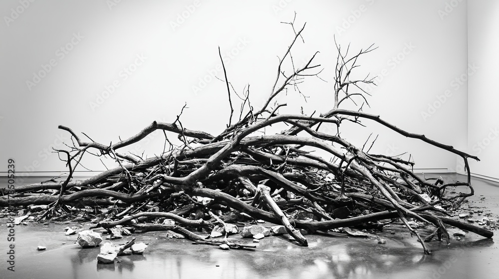 Poster a striking abstract art installation featuring twisted branches and rocks in a minimalist gallery se