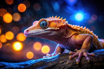 Fototapeta premium Crested Gecko Long Exposure Photography: Nighttime Reptile, Vivid Colors, Detailed Scales, Blurred Motion, Artistic Lighting