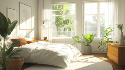 Modern cozy bedroom with ample natural light and lush plants