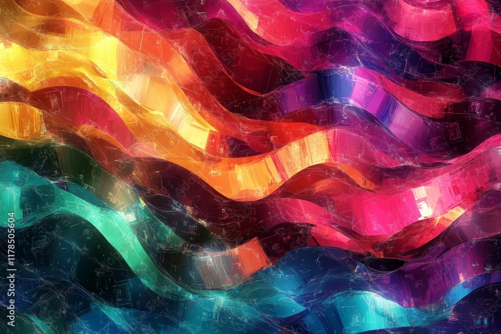 Poster a colorful abstract image featuring dynamic waves of multicolored brush strokes, creating a vibrant 