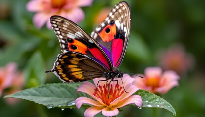 Fototapeta premium Spectacular Rainbow Butterfly on a Pink Flower
