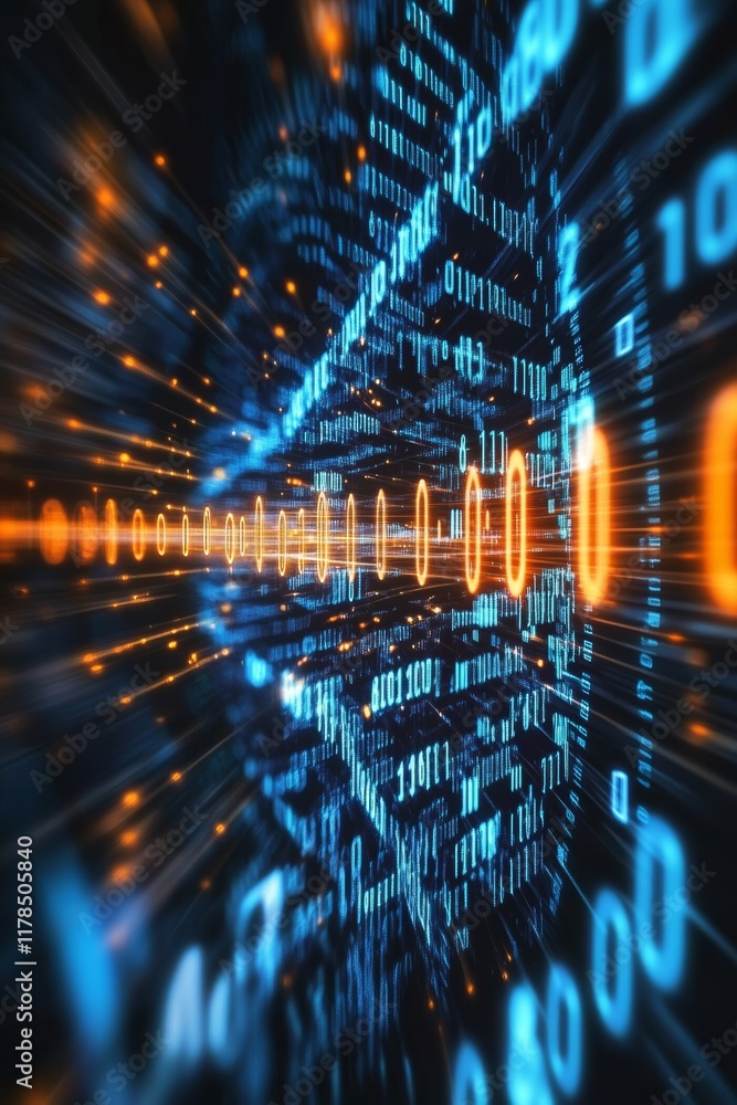 Poster this abstract image showcases a dynamic data stream with glowing blue and orange elements, creating 