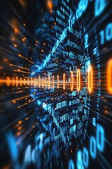 This abstract image showcases a dynamic data stream with glowing blue and orange elements, creating a captivating visual effect in a futuristic digital environment.