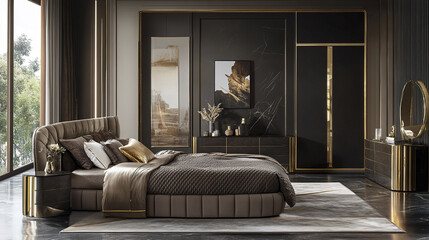 Modern dark bedroom with luxurious bedding and soft textures