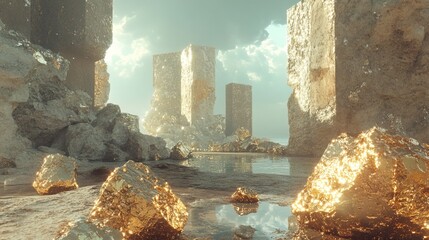 Render of 3D rocks, ruins, gold nuggets, and geometric shapes 