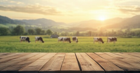 Fototapeta premium Wooden planks table with blurred dairy cows in grass field and mountain background in morning time. Concept for Placed dairy milk product advertisement 