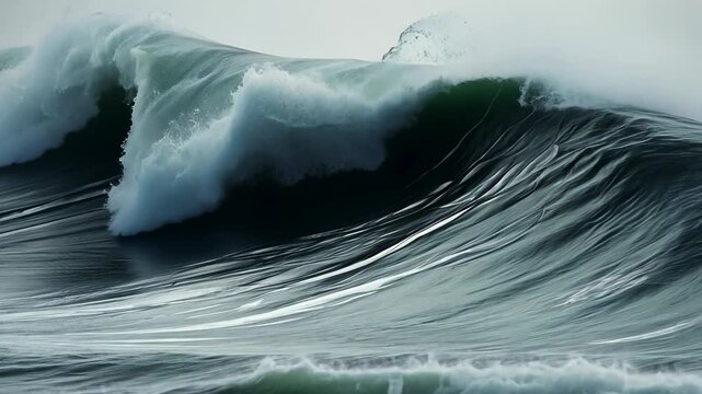 A powerful wave crashes into the ocean, creating a dramatic display of water and spray, on a cloudy day, Giant ocean waves churned up by a storm