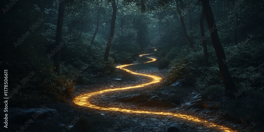 Poster explore a captivating forest scene featuring a magical winding path glowing softly in the twilight, 