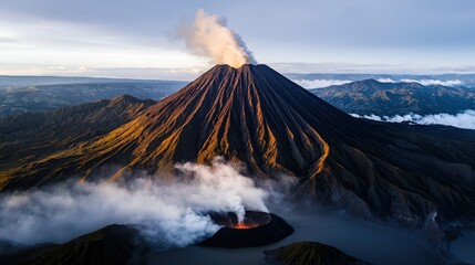 A majestic volcano with steam rising from its crater, surrounded by rugged terrain