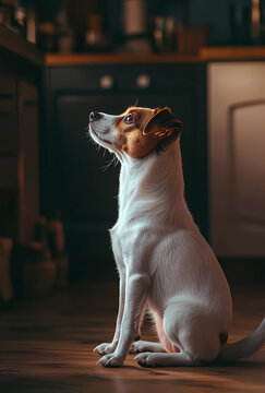 A white and brown dog is sitting on a wooden floor