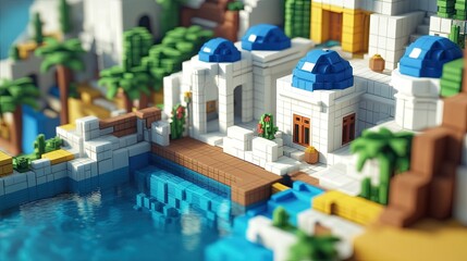 A vibrant, blocky coastal scene featuring white buildings and blue domes beside a serene water body.